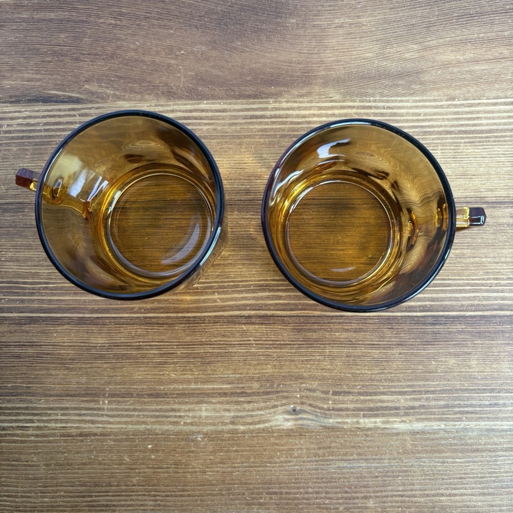 Set of 2 Arcoroc France Amber Glass Coffee Mugs Square Handle Vintage Cups - Picture 3 of 6